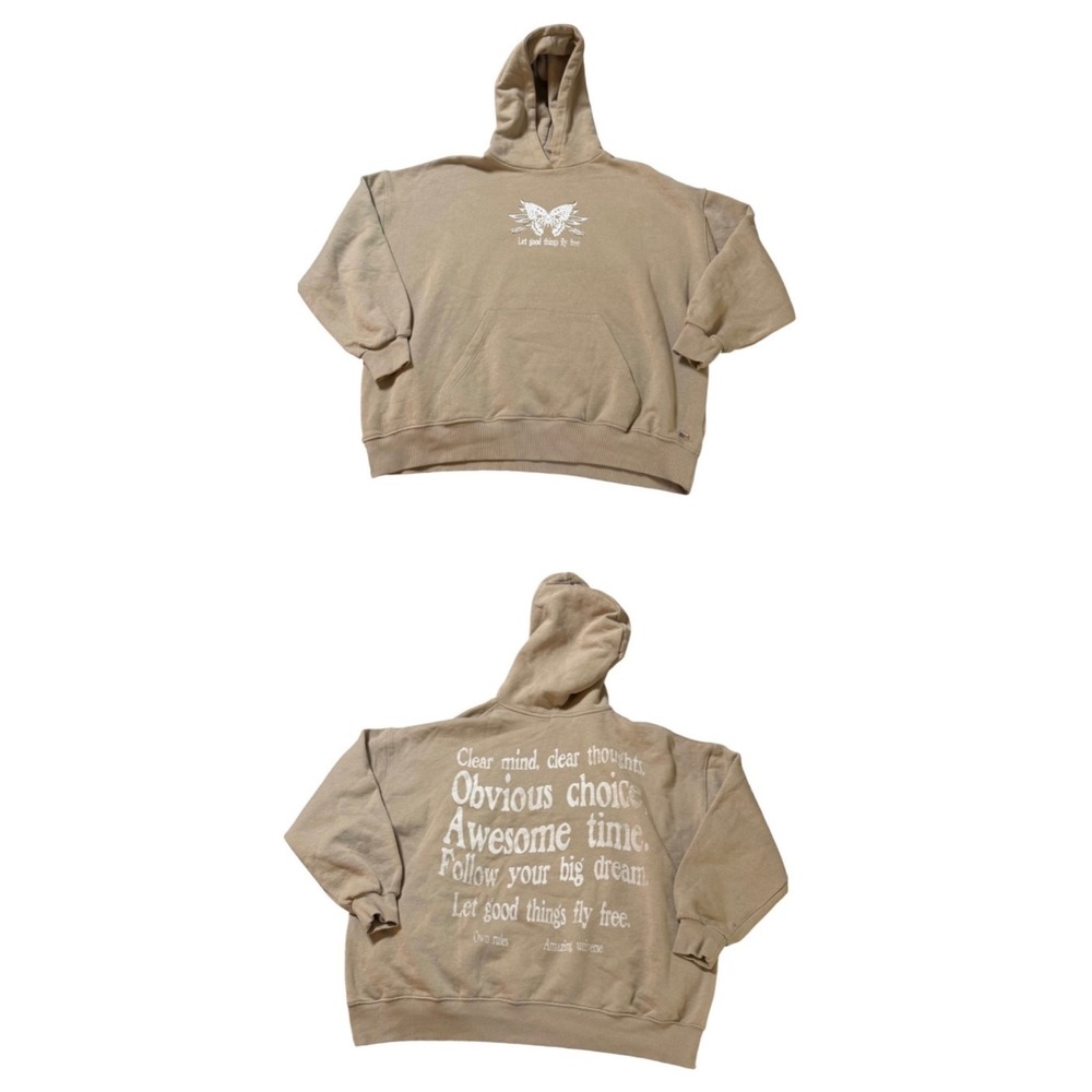 Pacific Republic Pull & Bear Tan Hoodie Size Medium Butterful Gem Positivity Y2K